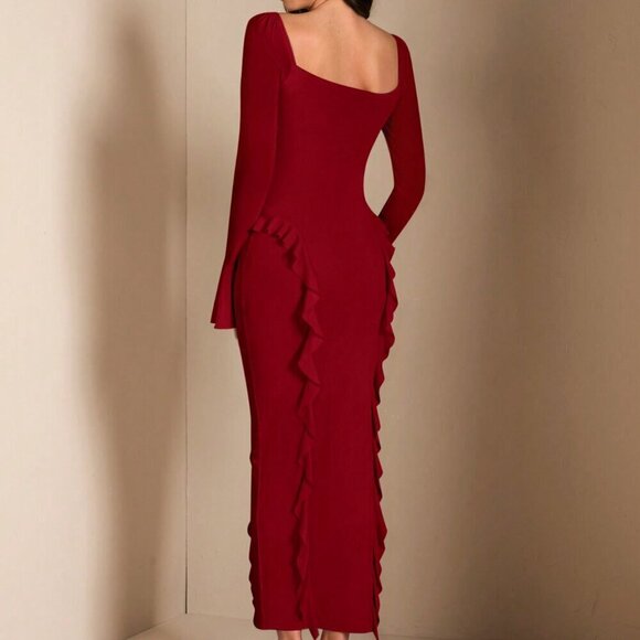 Red Elegant Women's Flounce Trim Long Sleeve Fitted Dress - Picture 2 of 8